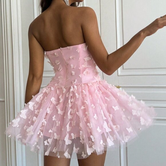 Pink Elegant Women's Cute & Sexy 3d Butterfly Decor Puff Dress - Picture 2 of 7